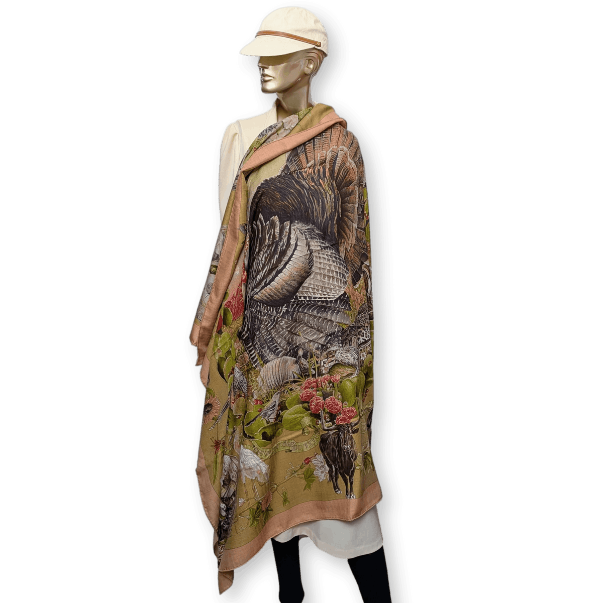 HERMES Faune et Flore du Texas Kermit Oliver Cashmere Silk Shawl 140 1987 Dusty Rose Olive Unused Rare