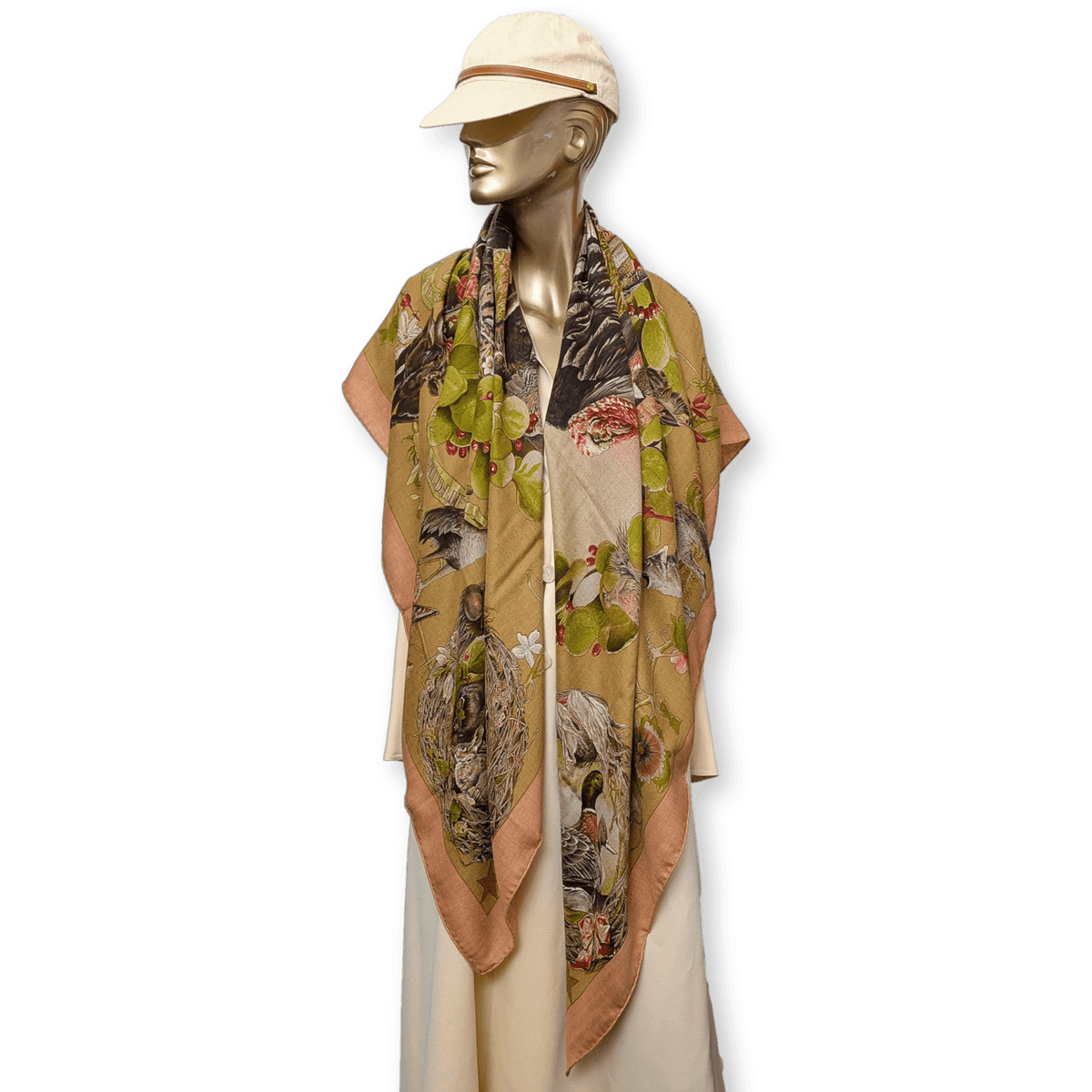 HERMES Faune et Flore du Texas Kermit Oliver Cashmere Silk Shawl 140 1987 Dusty Rose Olive Unused Rare