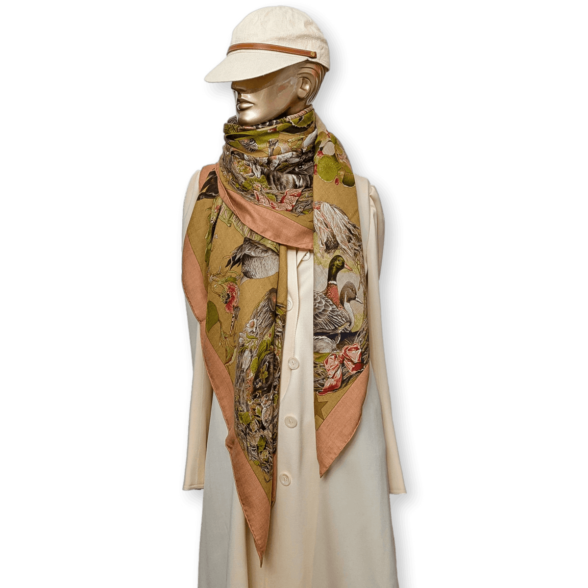 HERMES Faune et Flore du Texas Kermit Oliver Cashmere Silk Shawl 140 1987 Dusty Rose Olive Unused Rare