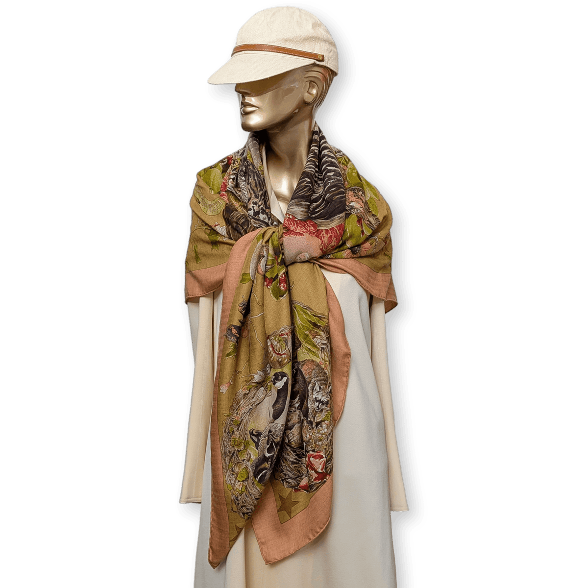 HERMES Faune et Flore du Texas Kermit Oliver Cashmere Silk Shawl 140 1987 Dusty Rose Olive Unused Rare