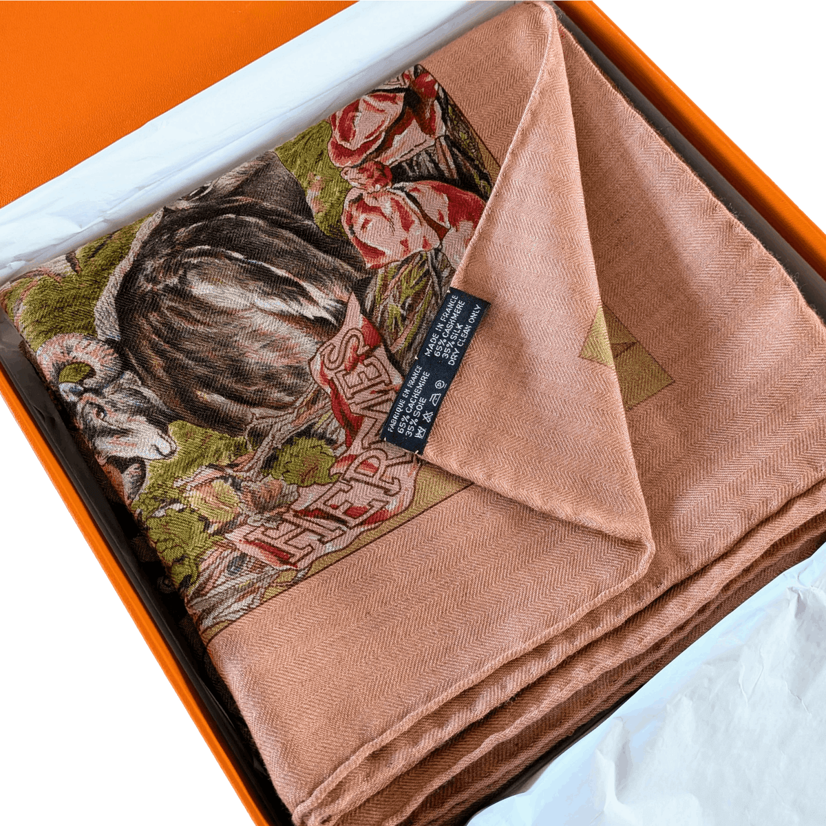 HERMES Faune et Flore du Texas Kermit Oliver Cashmere Silk Shawl 140 1987 Dusty Rose Olive Unused Rare