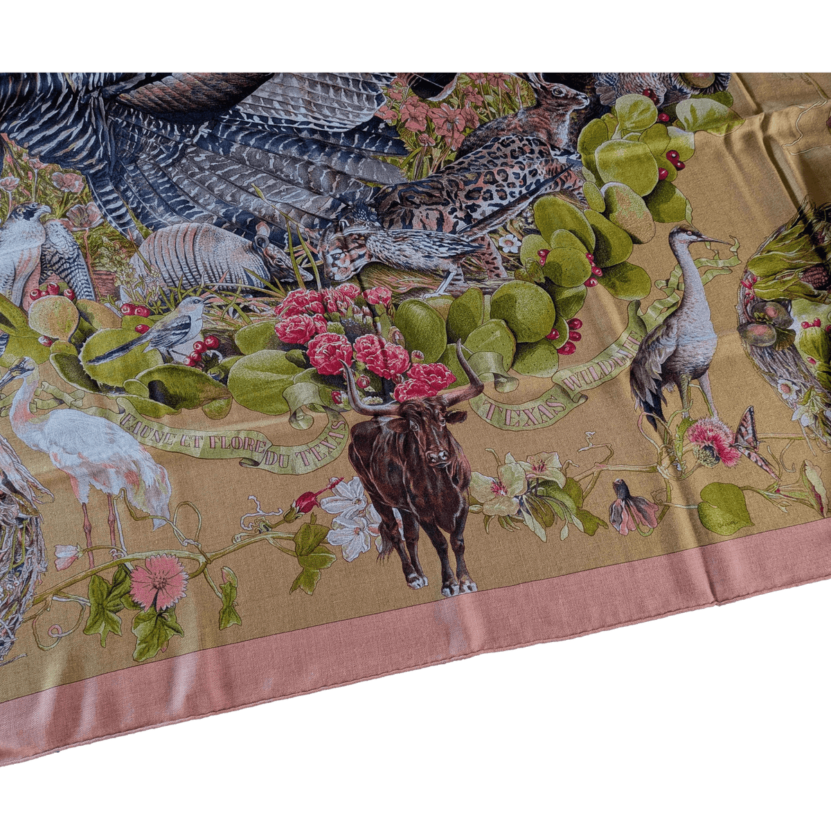 HERMES Faune et Flore du Texas Kermit Oliver Cashmere Silk Shawl 140 1987 Dusty Rose Olive Unused Rare