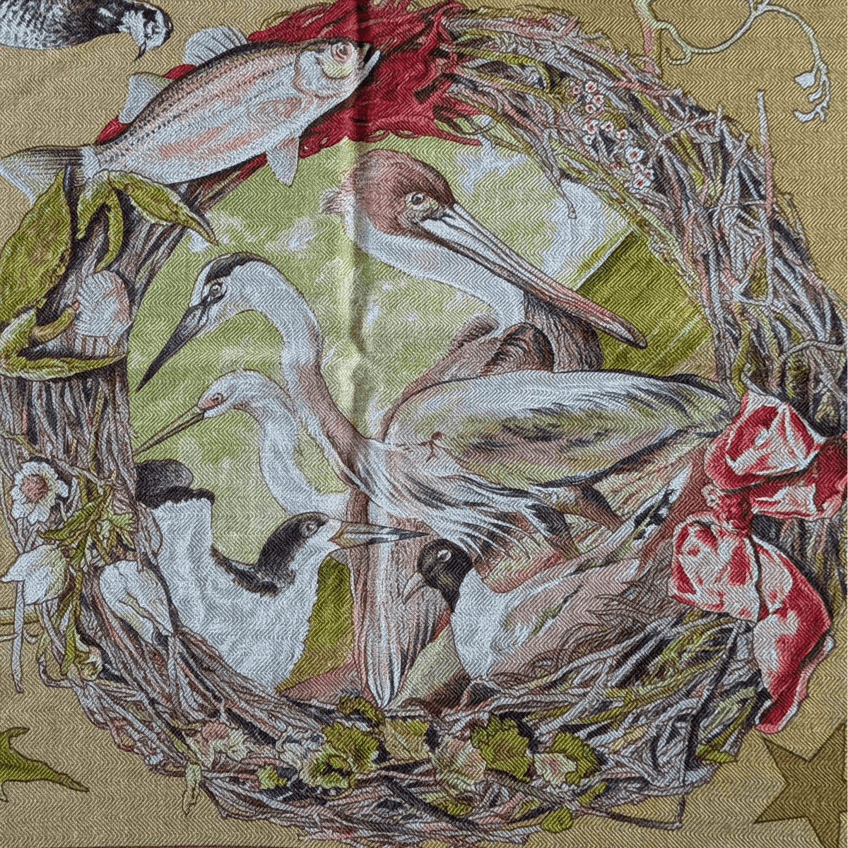 HERMES Faune et Flore du Texas Kermit Oliver Cashmere Silk Shawl 140 1987 Dusty Rose Olive Unused Rare