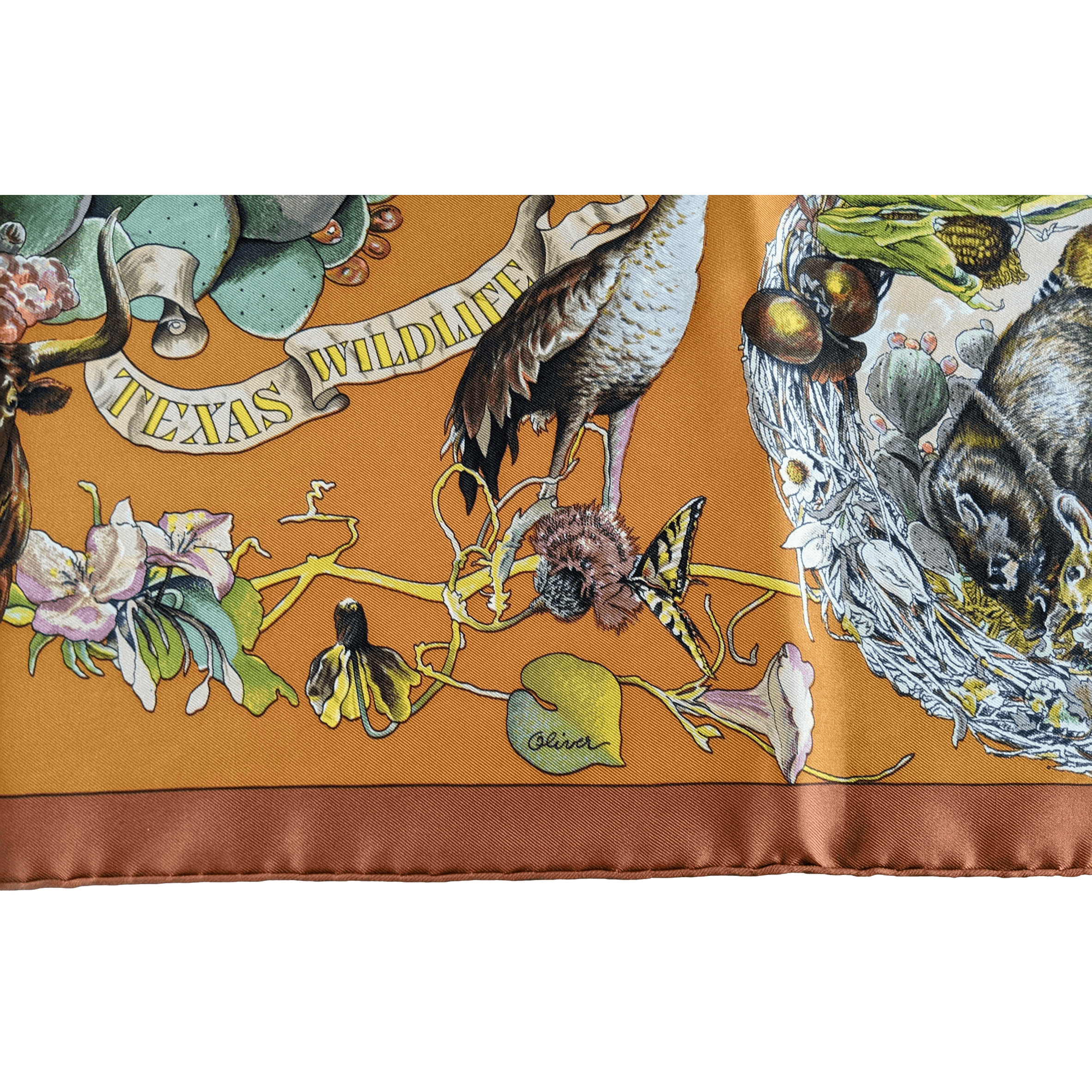 HERMES 1987 Faune et Flore du Texas Wildlife Twill Silk Scarf 90 x 90 cm,