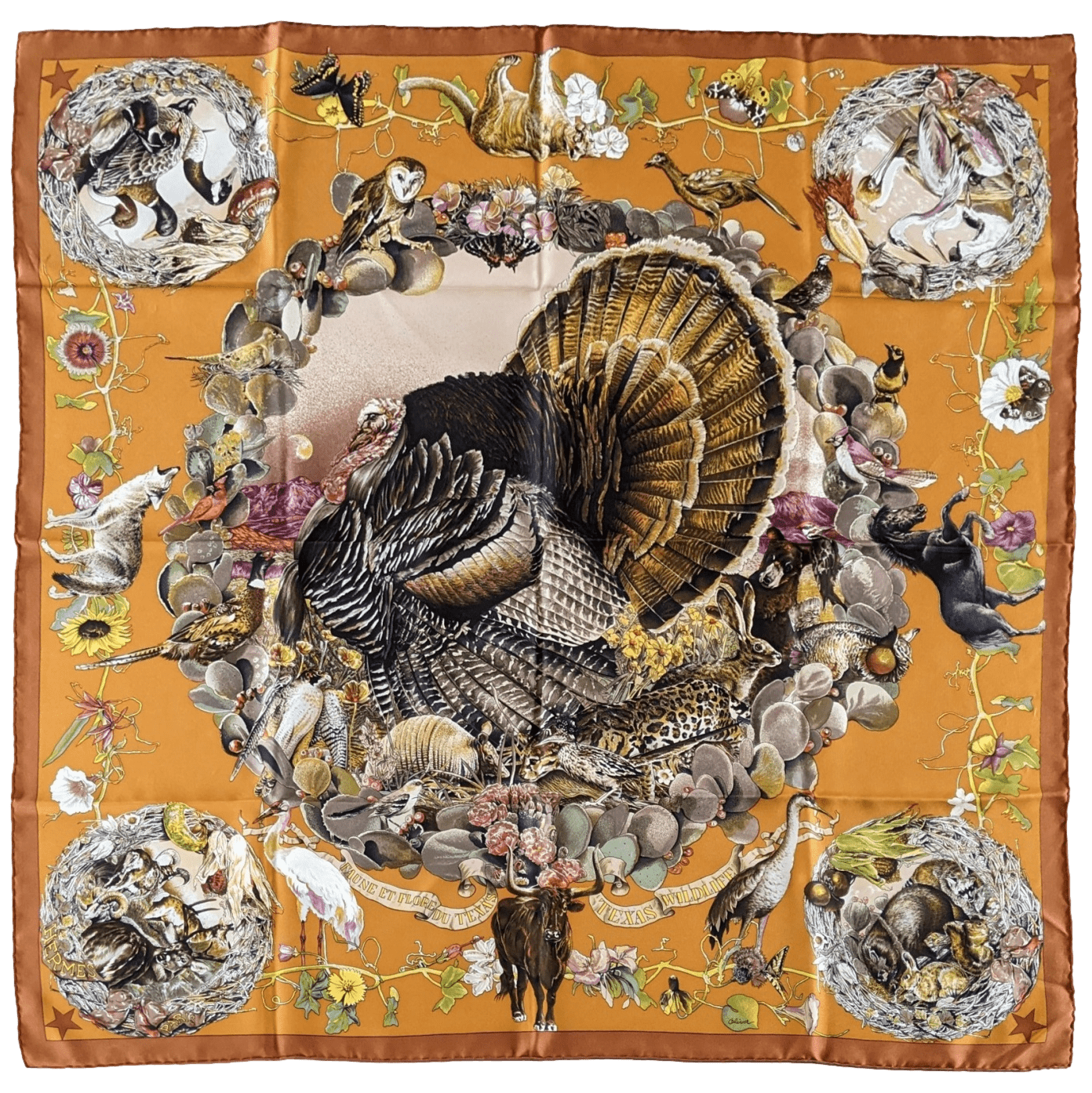 HERMES 1987 Faune et Flore du Texas Wildlife Twill Silk Scarf 90 x 90 cm,