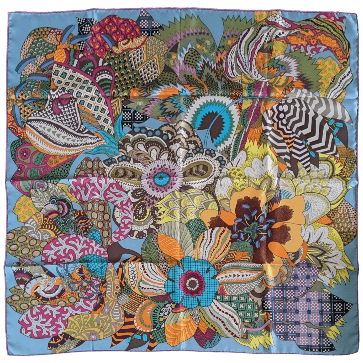 HERMES 2011 Fuchsia/Blue Fleurs d'Indiennes Twill Scarf 90 x 90 cm