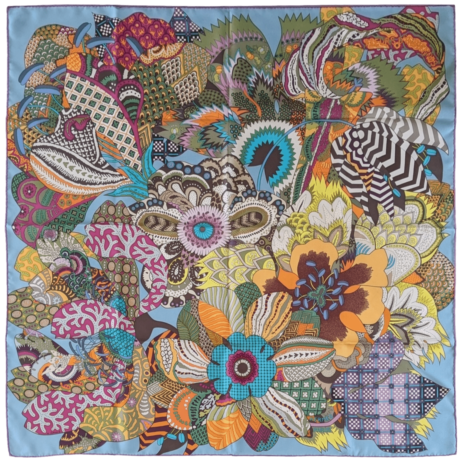 HERMES 2011 Fuchsia/Blue Fleurs d'Indiennes Twill Scarf 90 x 90 cm