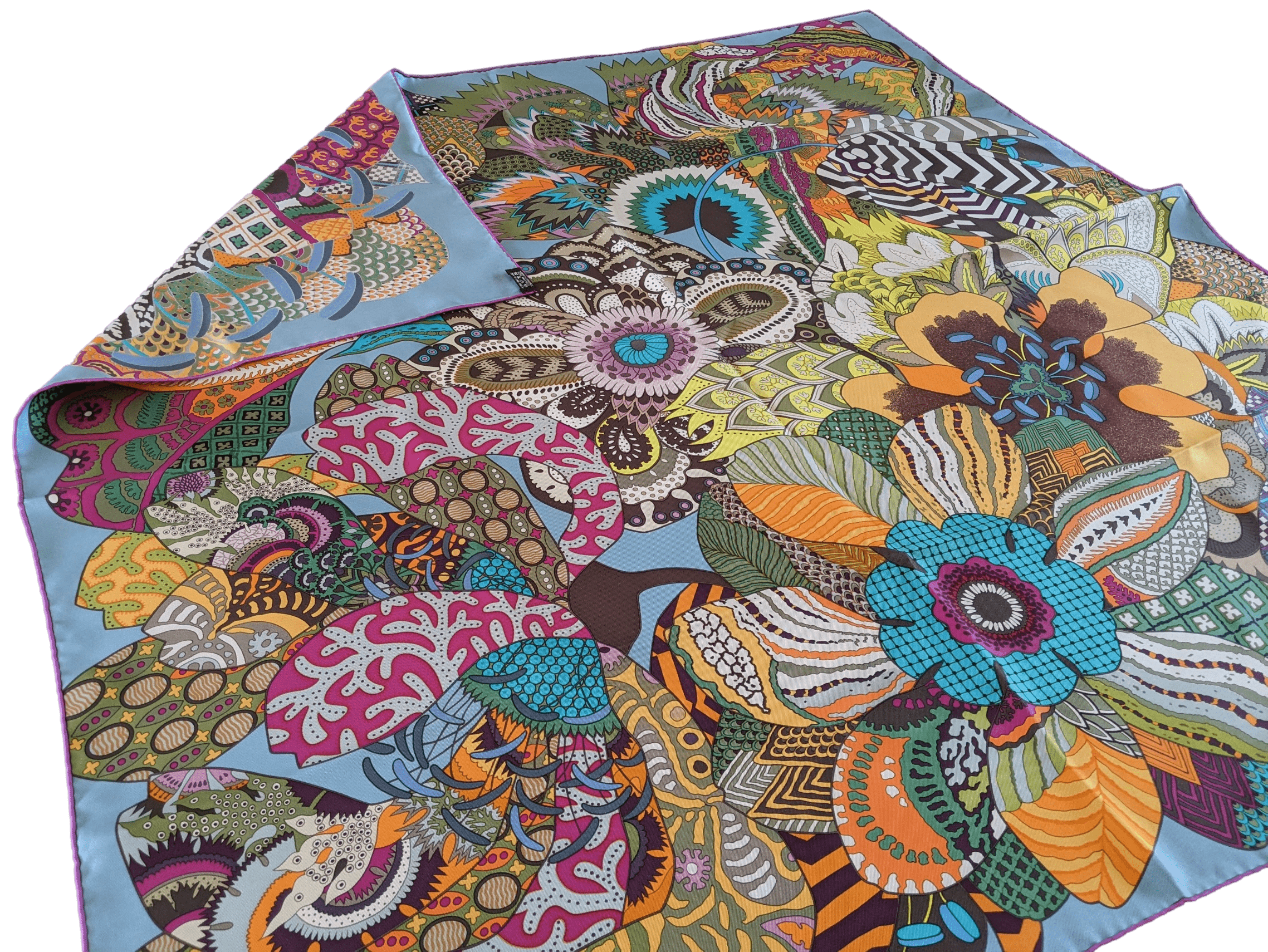 HERMES 2011 Fuchsia/Blue Fleurs d'Indiennes Twill Scarf 90 x 90 cm
