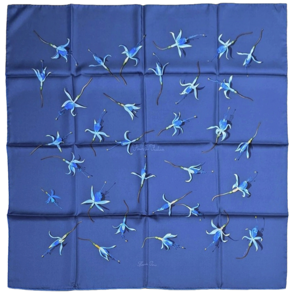 Hermes 2006 Bleu "Fleurs de Fuchsia" by Leigh P. Cooke Blanc Matt Overprint Twill Silk Carre 90cm
