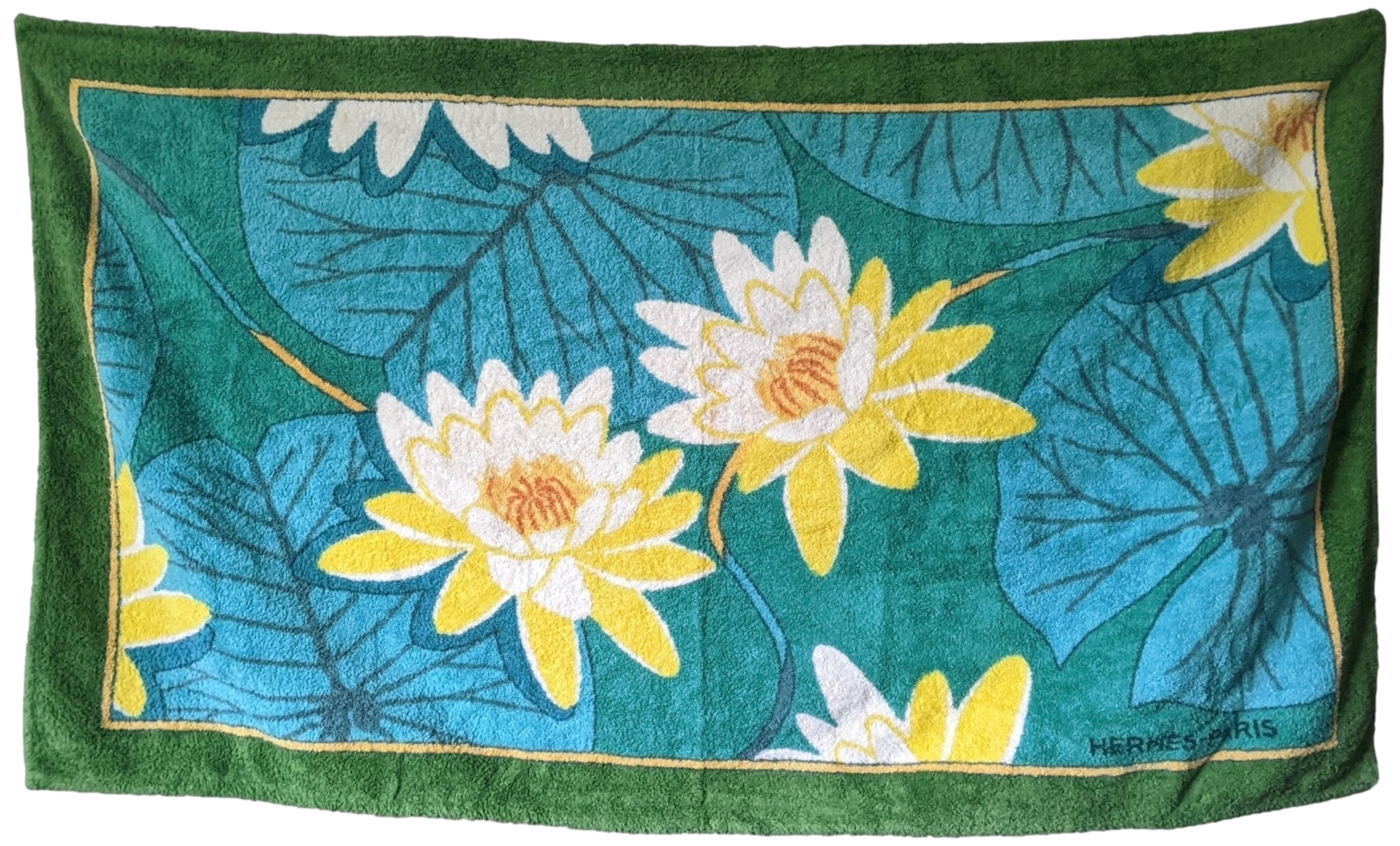 HERMES Vintage FLEURS DE LOTUS Terry Cotton Beach Towel GM 90 x 150 cm