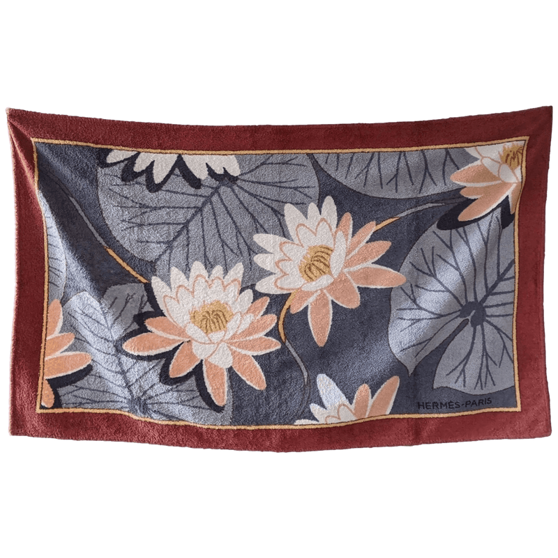 HERMES Vintage FLEURS DE LOTUS Terry Cotton Beach Towel GM 90 x 150 cm