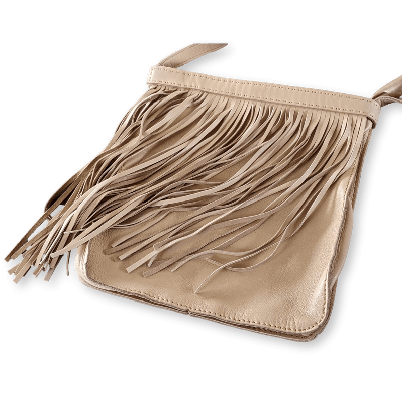 HERMES Beige Mastic Calfskin Fringed Crossbody Pochette Bag