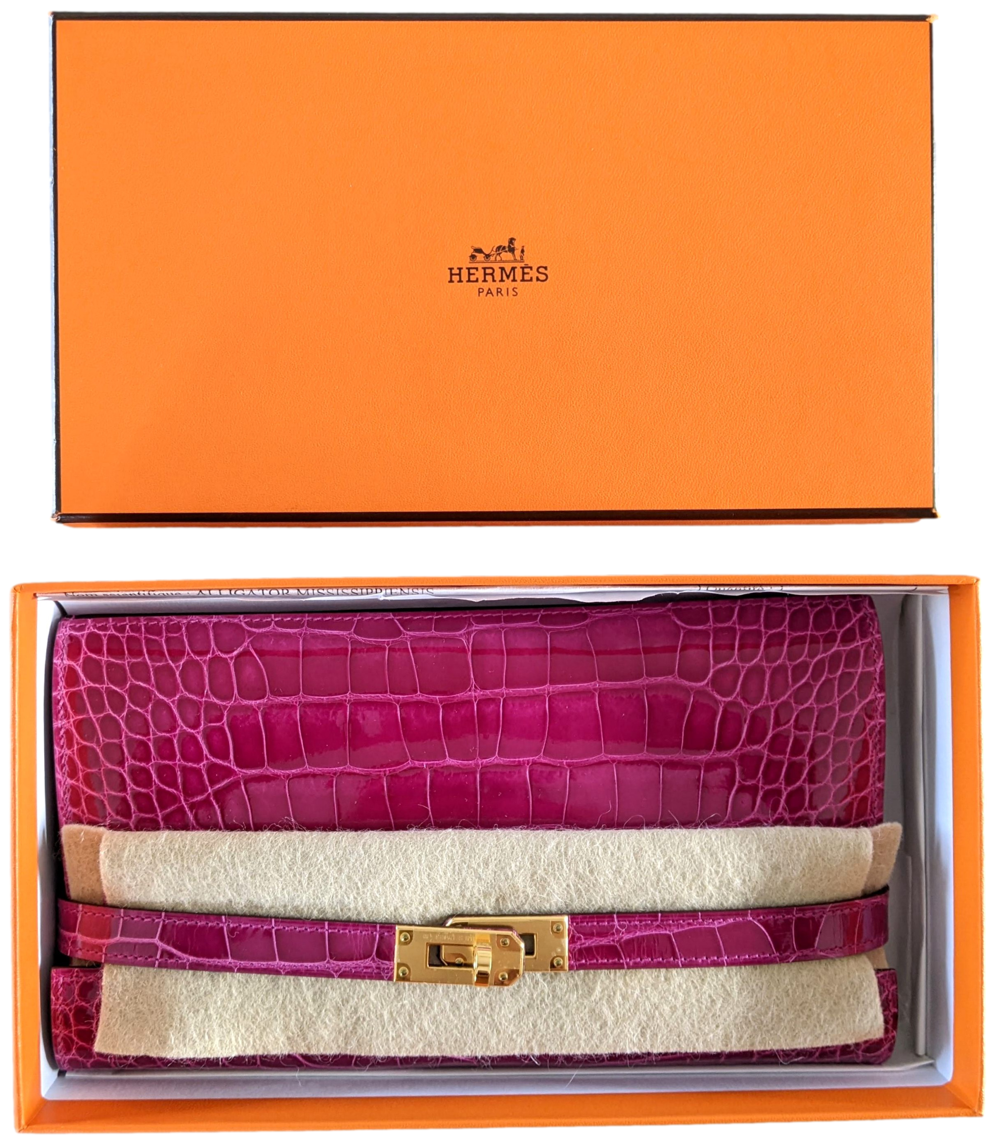 Hermes [L33] Rose Scheherazade Fuchsia Alligator "Kelly Classic Wallet " Evening Clutch Bag GHW