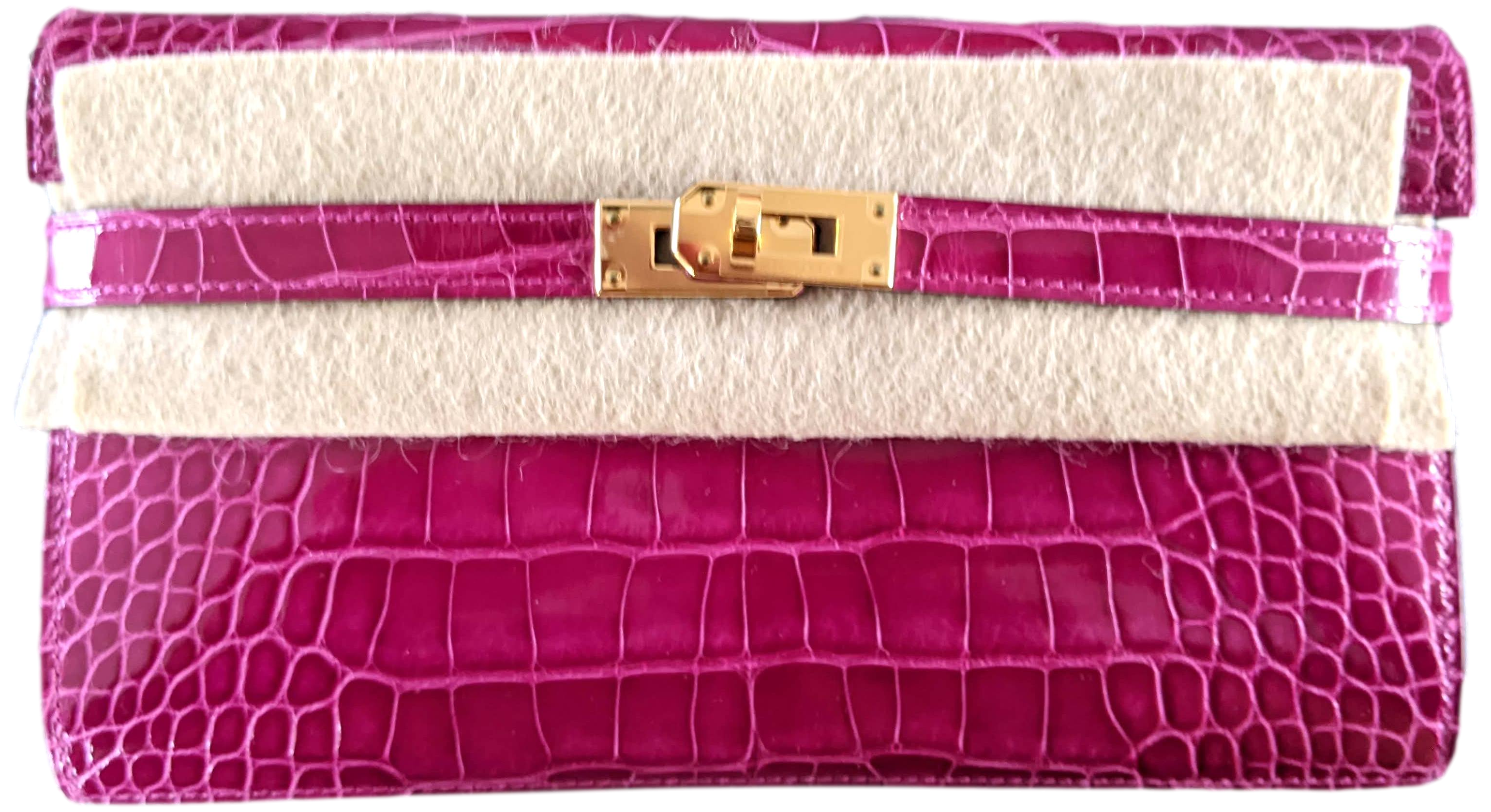 Hermes [L33] Rose Scheherazade Fuchsia Alligator "Kelly Classic Wallet " Evening Clutch Bag GHW