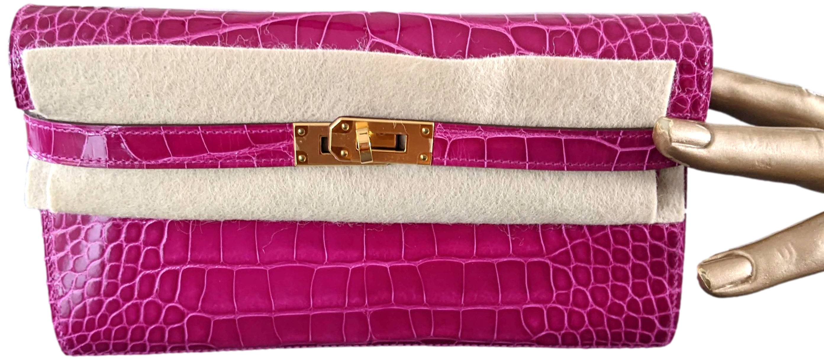 Hermes [L33] Rose Scheherazade Fuchsia Alligator "Kelly Classic Wallet " Evening Clutch Bag GHW