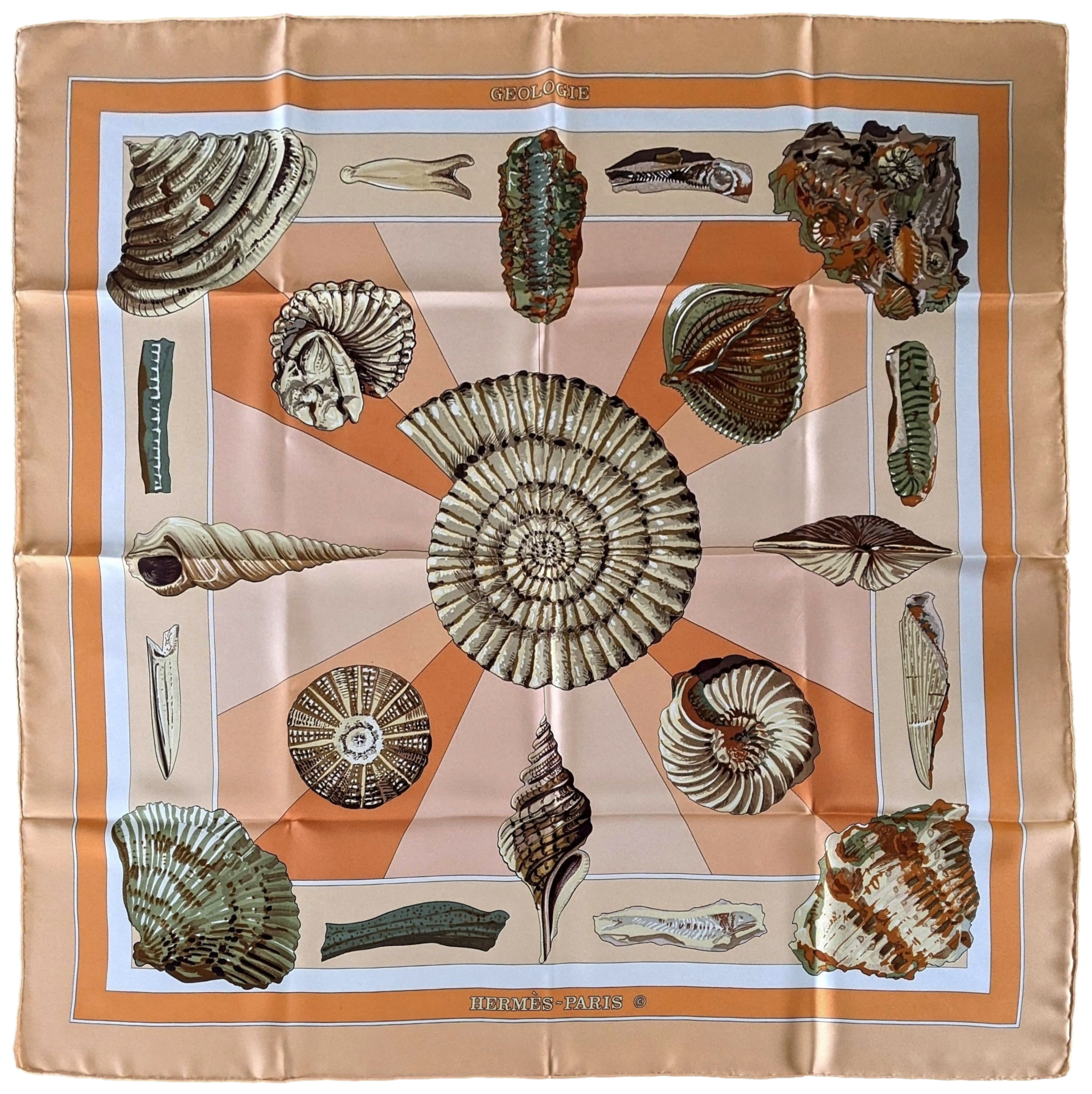 Produits Hermes 1980 Special Issue Abricot/Rose/Blanc " Geologie" by Loic Dubigeon Silk Twill 90cm with Blanc Matte Overlay