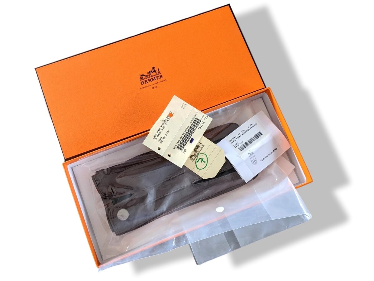 Hermes [GL05] Women's Etain Glace Lambskin GANTS FEMME NERVURES DROITES GlovesSz 070, BNWTIB! - poupishop