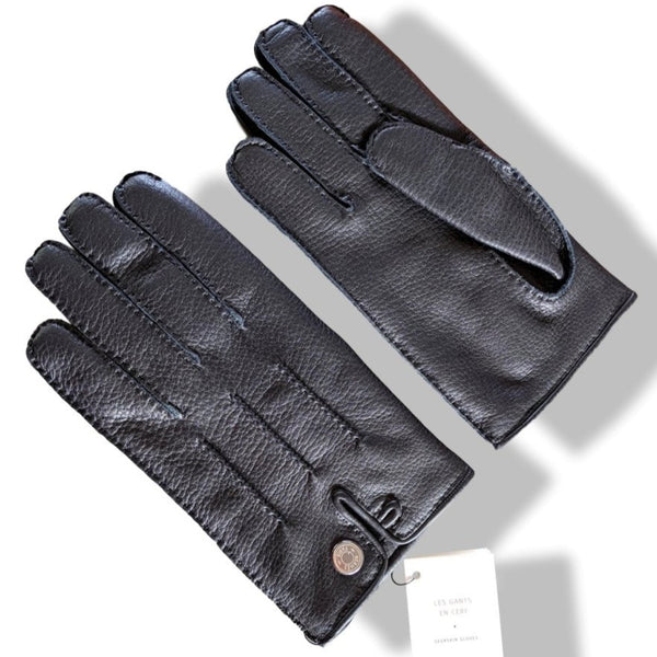 Hermes [GL11] Men's Black Deer/Silk Cerf GANTS HOMME CLOUS DE SELLE Gloves, BNWTIB! - poupishop