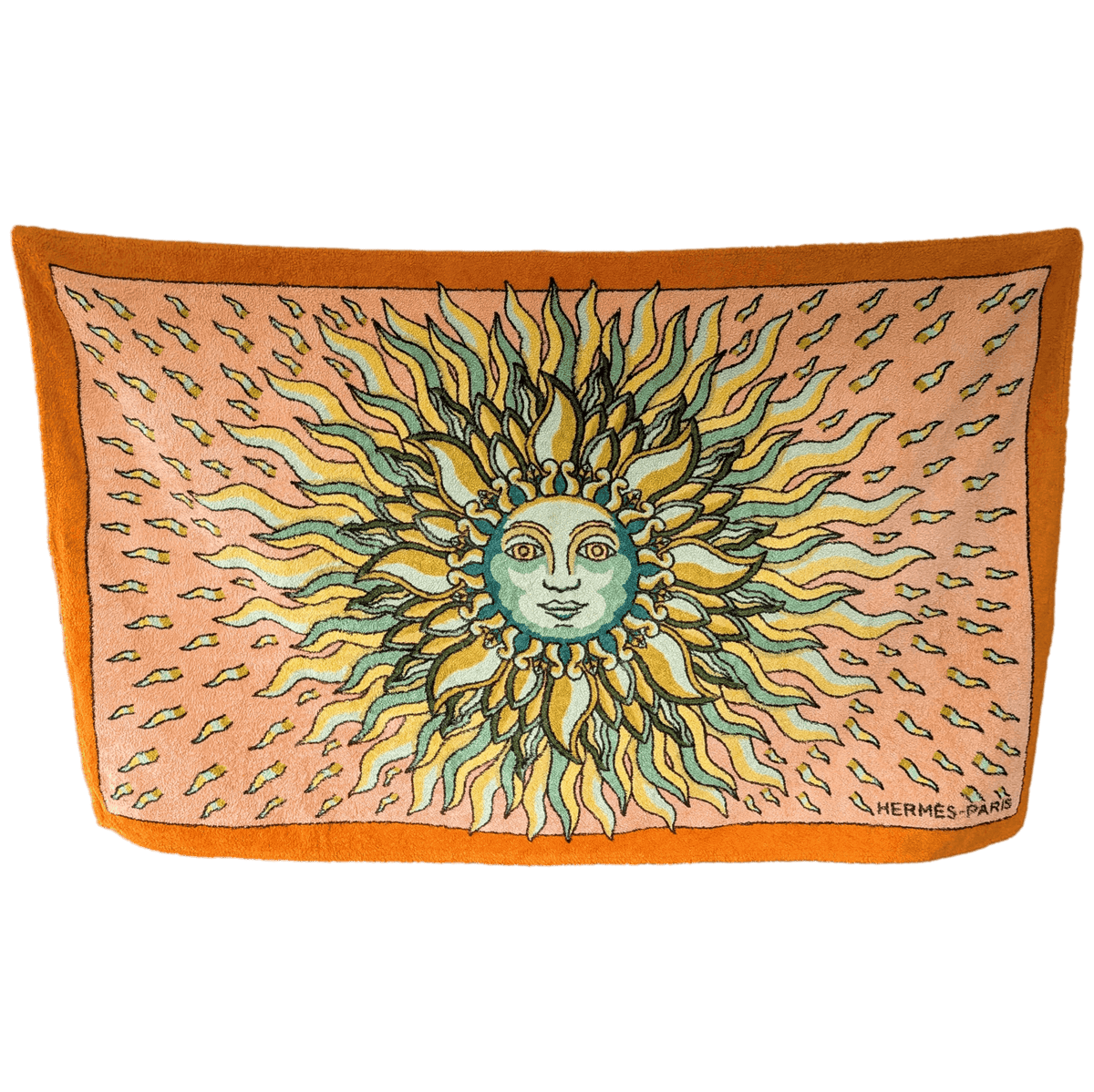 HERMES Gloria Soli Beach Towel GM 90 x 150 cm Green Orange Cotton Terry Pristine