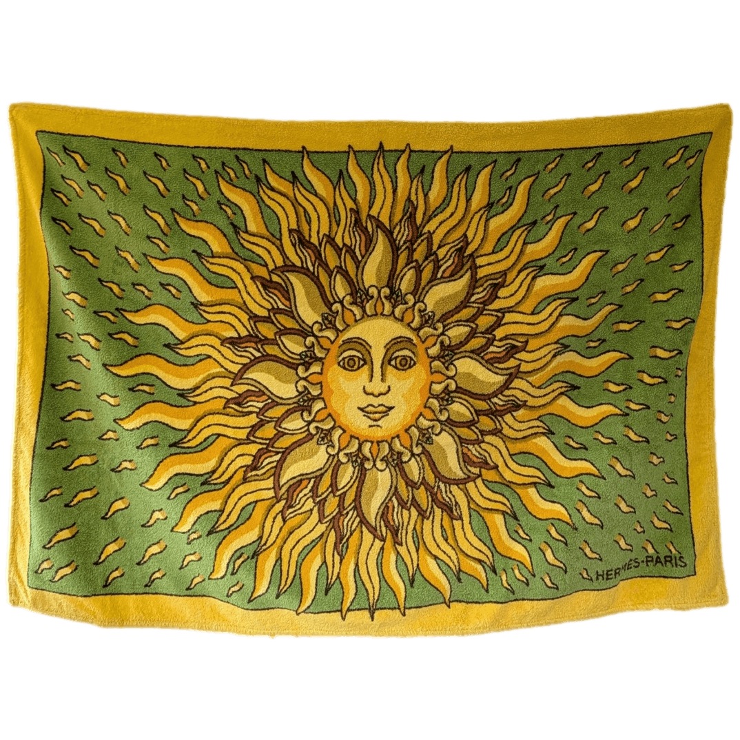 HERMES Gloria Soli Beach Towel GM 90 x 150 cm Green Yellow Cotton Terry Pristine