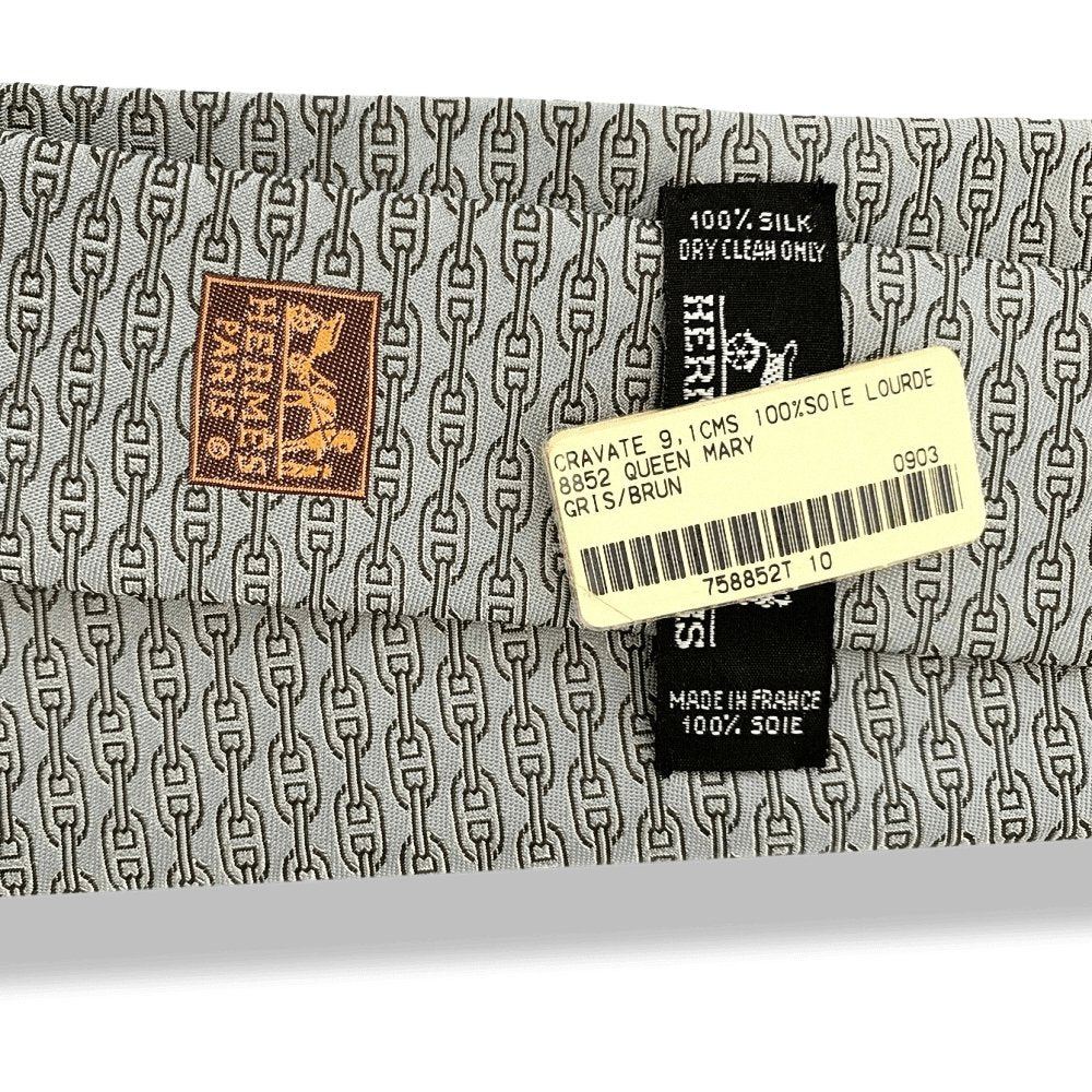 Hermes Grey Brown SOIE LOURDE - QUEEN MARY Chaine d'ancre Heavy Silk Tie 9cm, New in Pochette! - poupishop