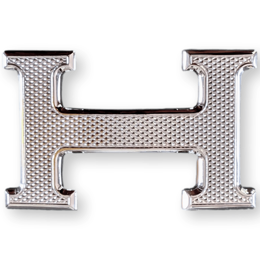 HERMES H Belt Buckle Guillochee Silver Plated 32 mm Unused with Chevron Pouch