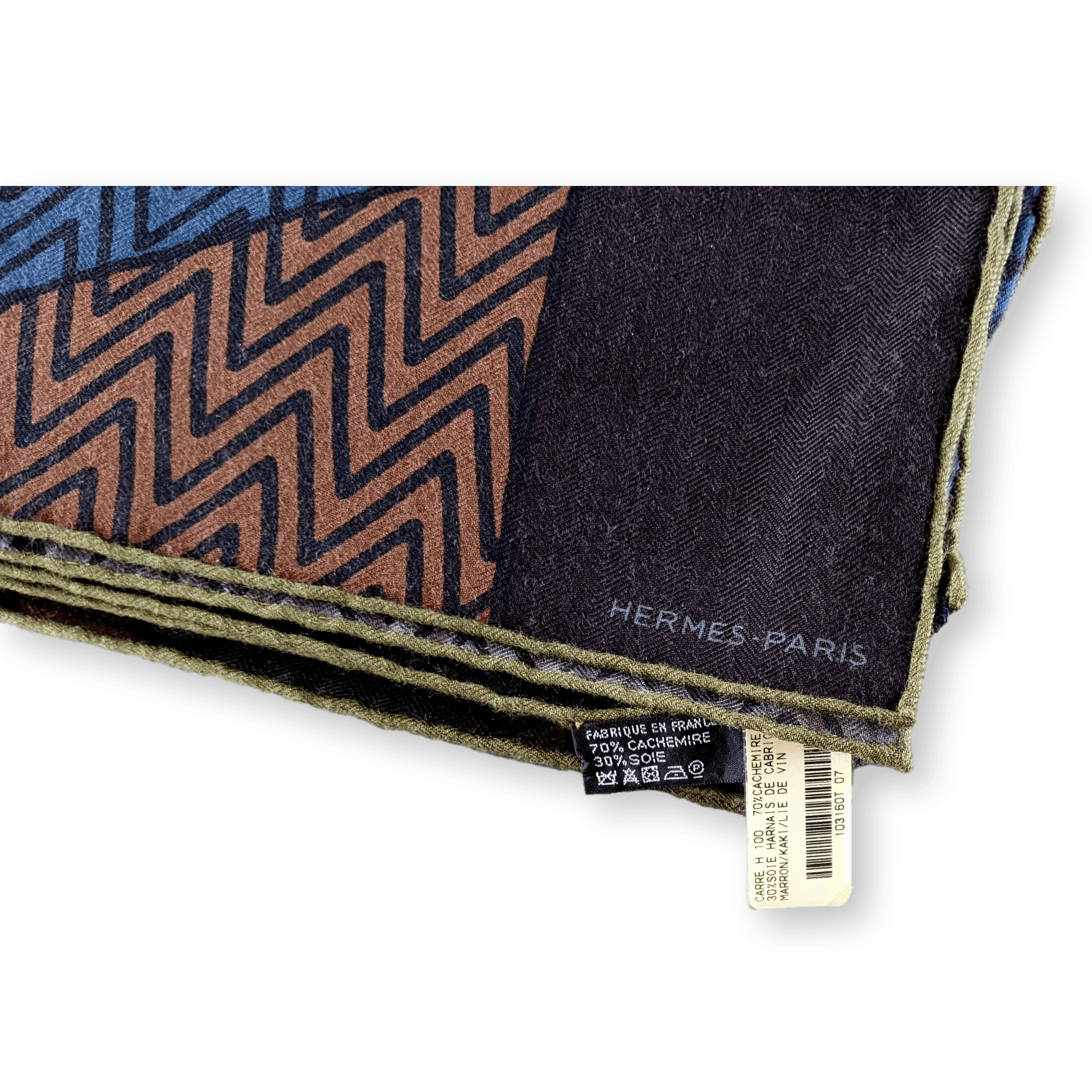 Hermes Men's Brown/Kaki/Lie de Vin HARNAIS DE CABRIOLET 70% Cashmere Carre H 100 cm