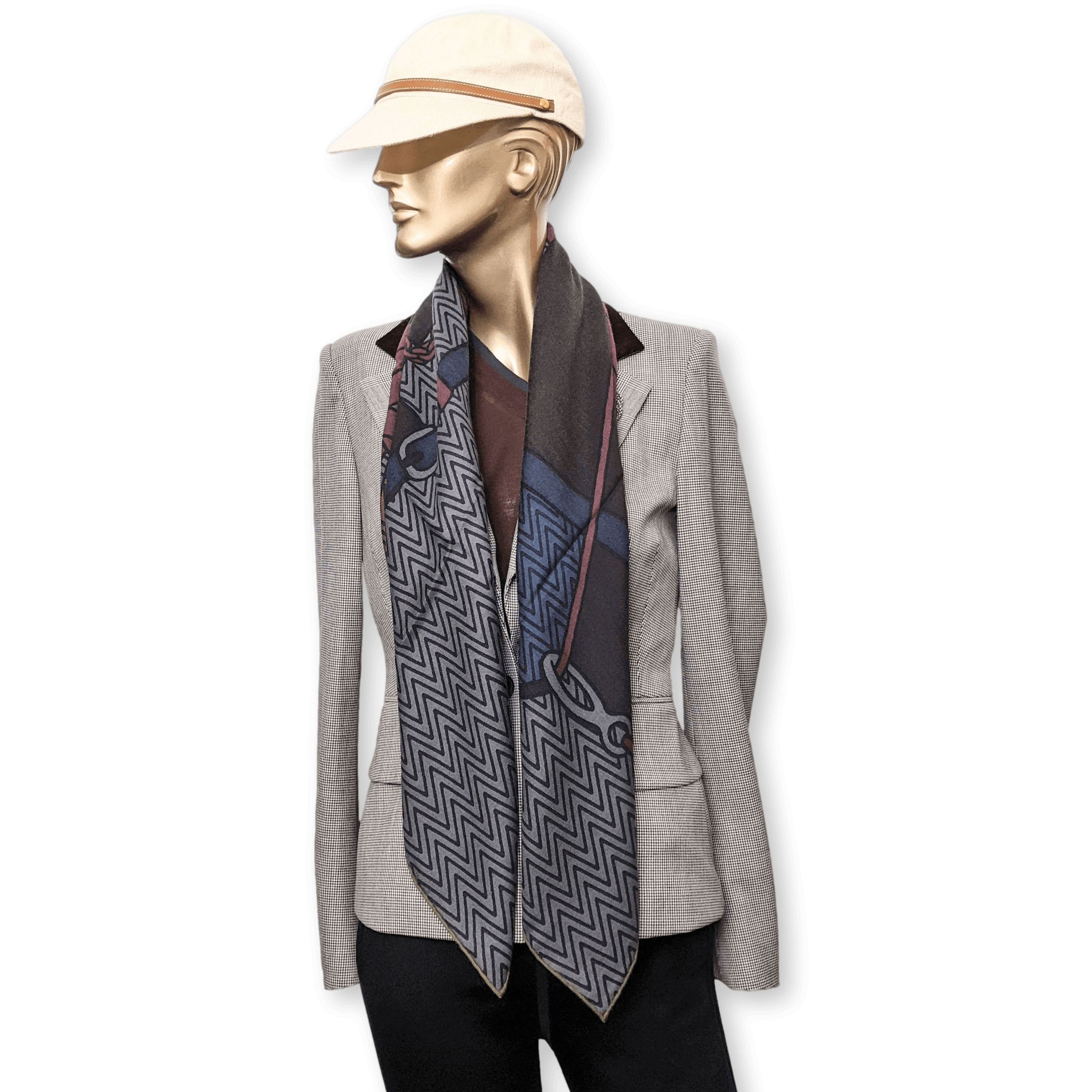 Hermes Men's Brown/Kaki/Lie de Vin HARNAIS DE CABRIOLET 70% Cashmere Carre H 100 cm