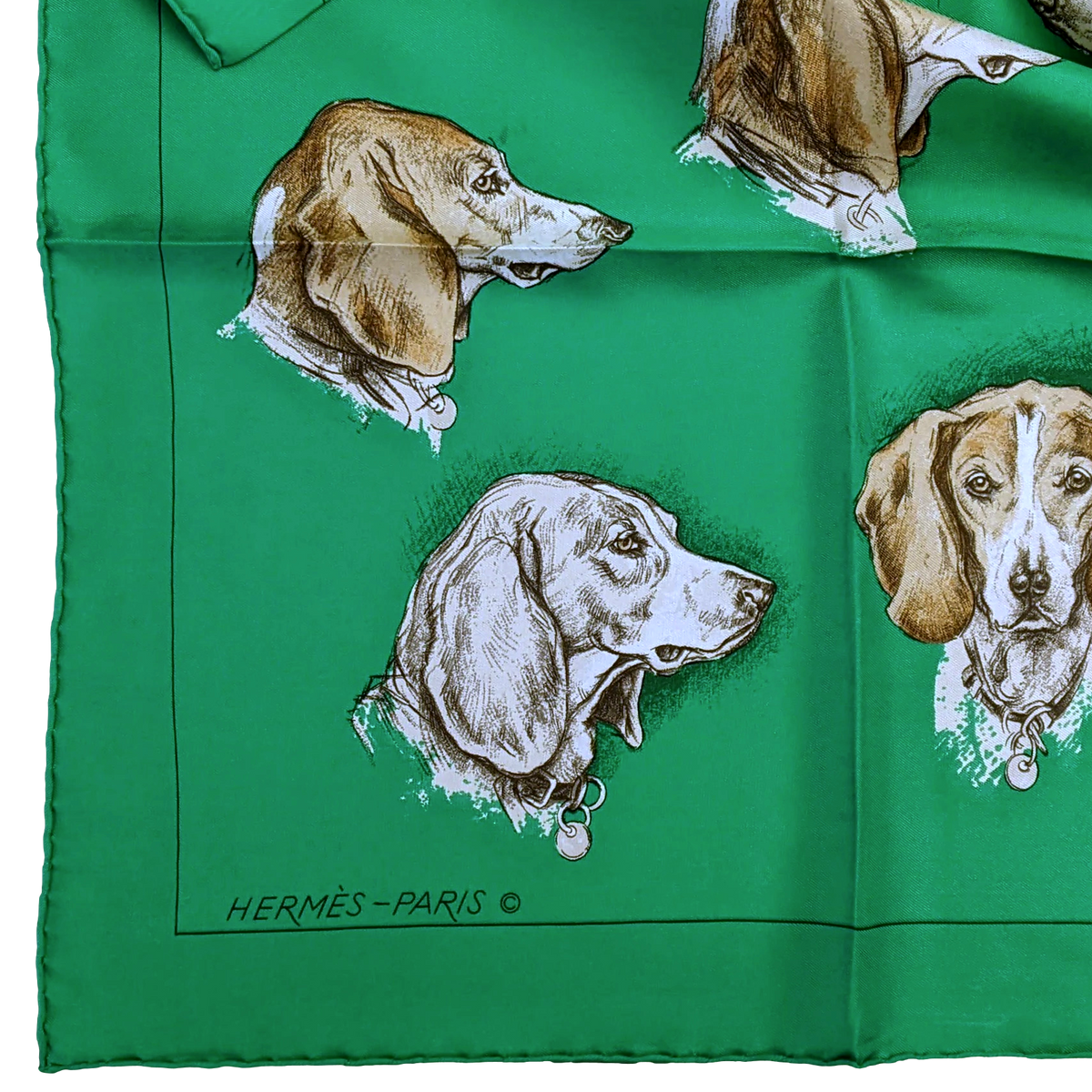 Hermes 1974 Vert 'Monarch' Hound Dog Beagle by Xavier de Poret Twill 90cm