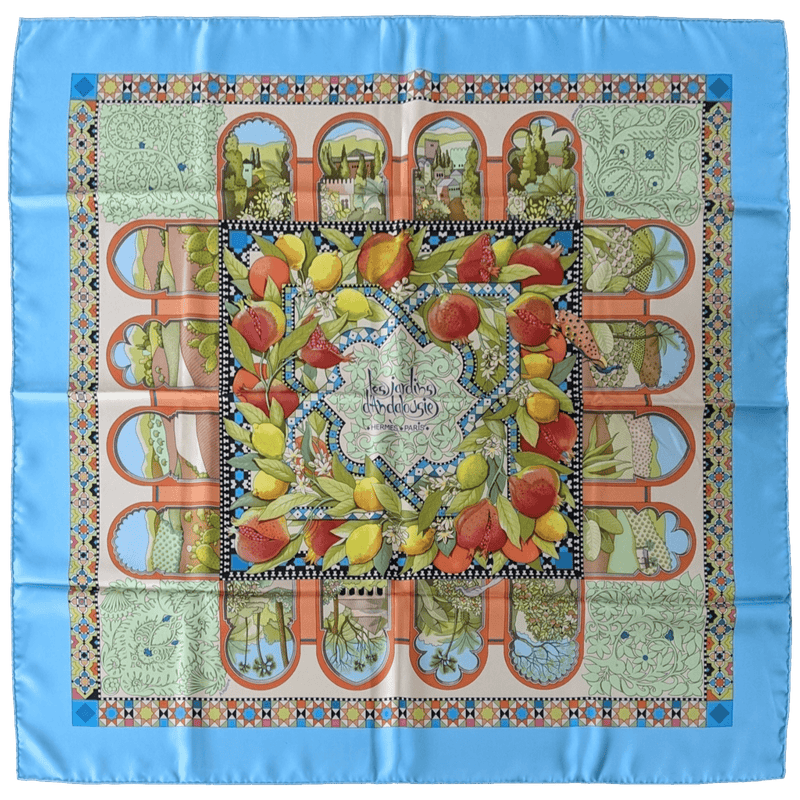 HERMES 2006 Turquoise Jardins d'Andalousie by Aline Honore Twill 90 x 90 cm