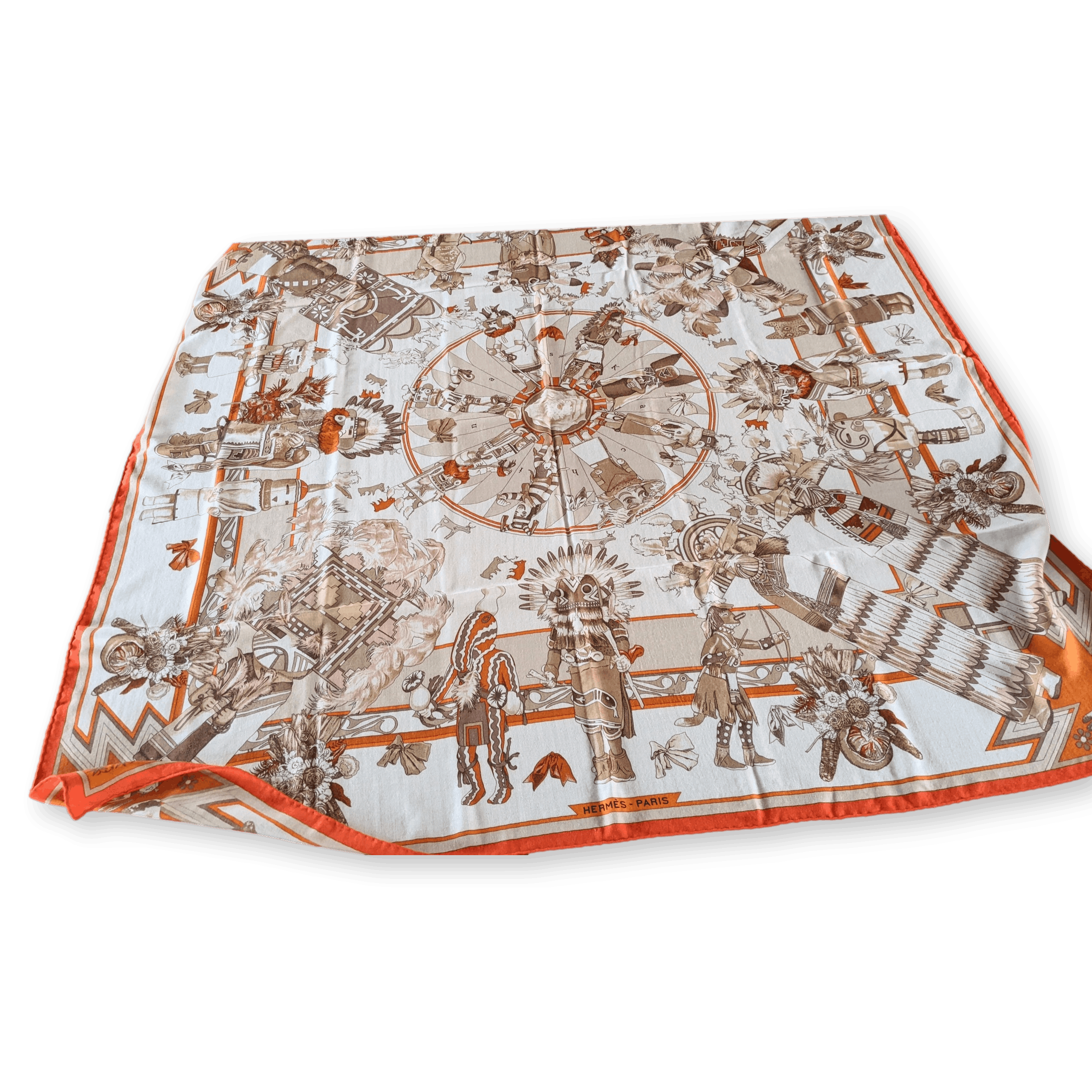 HERMES 2004 Orange Kachinas by Oliver Kermit Oliver Cashmere Shawl 140 x 140 cm