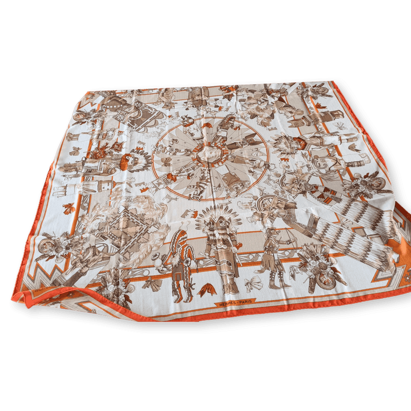 HERMES Kachinas Cashmere Silk Shawl 140 Orange Oliver Kermit