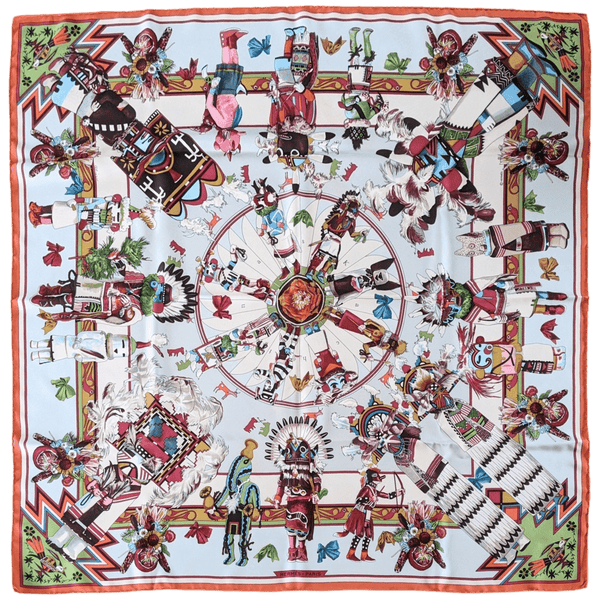 HERMES 1992 Kachinas by Kermit Oliver Twill Silk Scarf 90 x 90 cm
