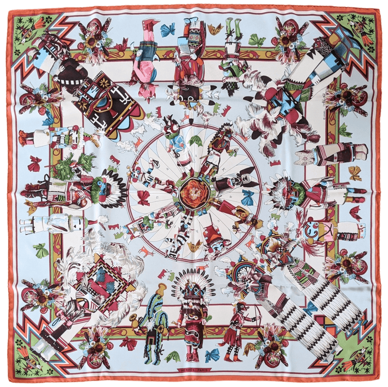 HERMES 1992 Kachinas by Kermit Oliver Twill Silk Scarf 90 x 90 cm