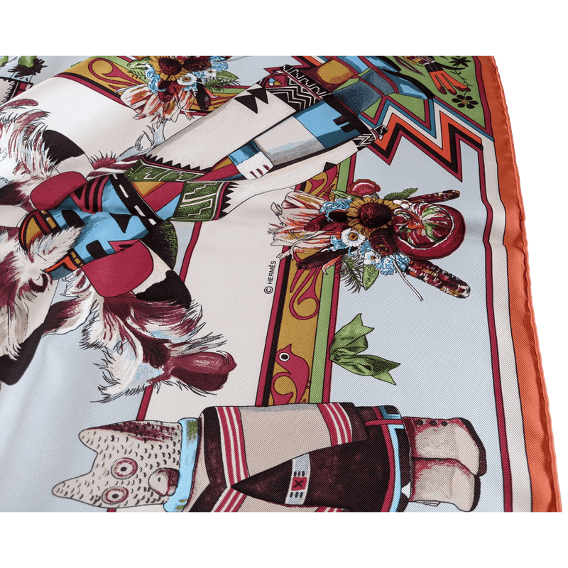 HERMES 1992 Kachinas by Kermit Oliver Twill Silk Scarf 90 x 90 cm