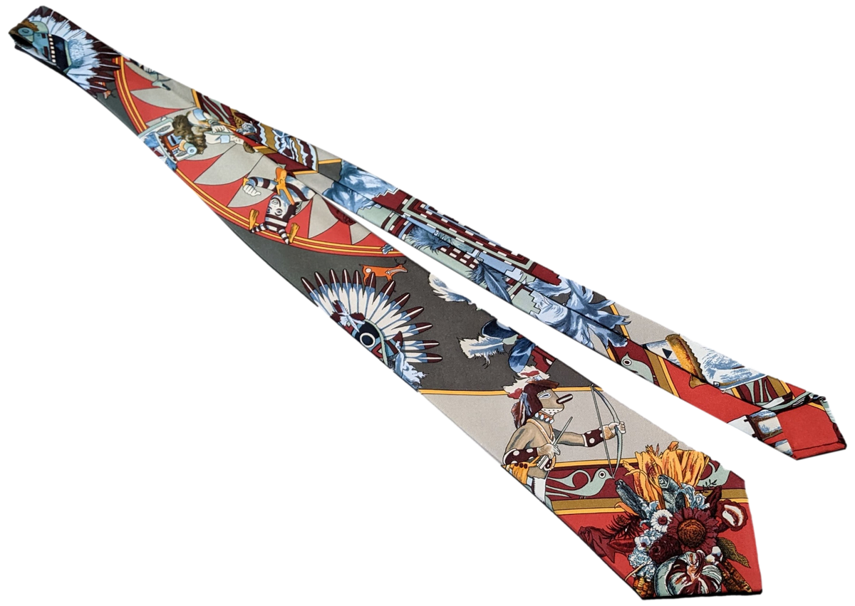 Hermes 1990's Green Celadon Kachinas by Kermit Oliver Print Scarf Twill Silk Tie 9,5 cm