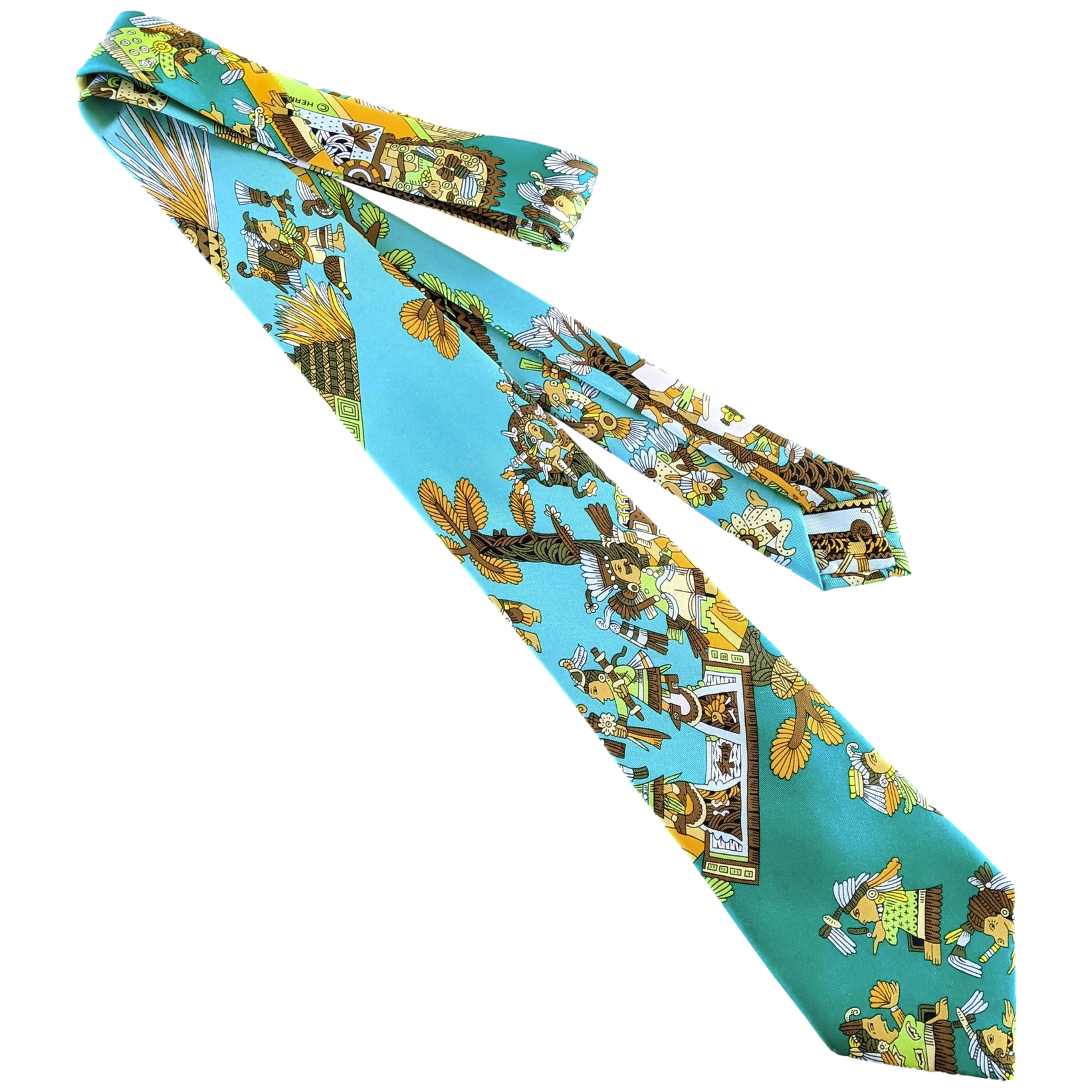 Produits Hermes 1990's Turquoise "Kachinas" by Kermit Oliver Print Scarf Twill Silk Tie 9 cm