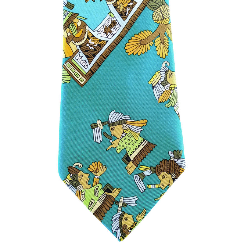 Produits Hermes 1990's Turquoise "Kachinas" by Kermit Oliver Print Scarf Twill Silk Tie 9 cm
