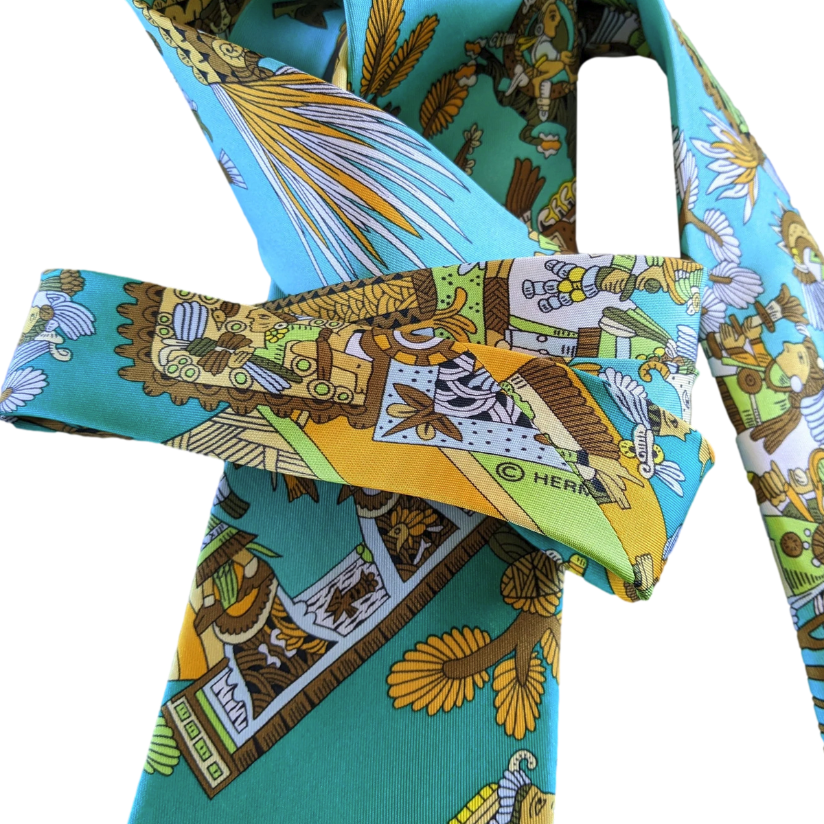 Produits Hermes 1990's Turquoise "Kachinas" by Kermit Oliver Print Scarf Twill Silk Tie 9 cm