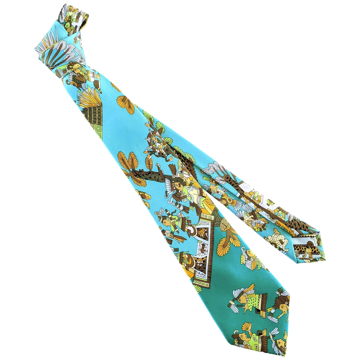 Produits Hermes 1990's Turquoise "Kachinas" by Kermit Oliver Print Scarf Twill Silk Tie 9 cm