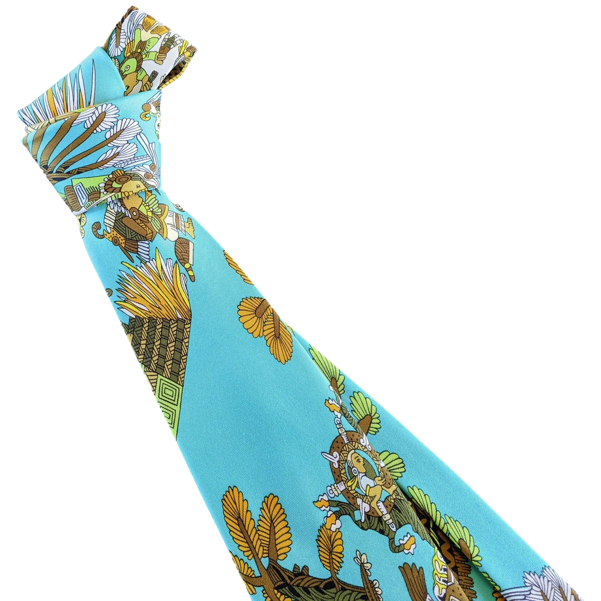 Produits Hermes 1990's Turquoise "Kachinas" by Kermit Oliver Print Scarf Twill Silk Tie 9 cm