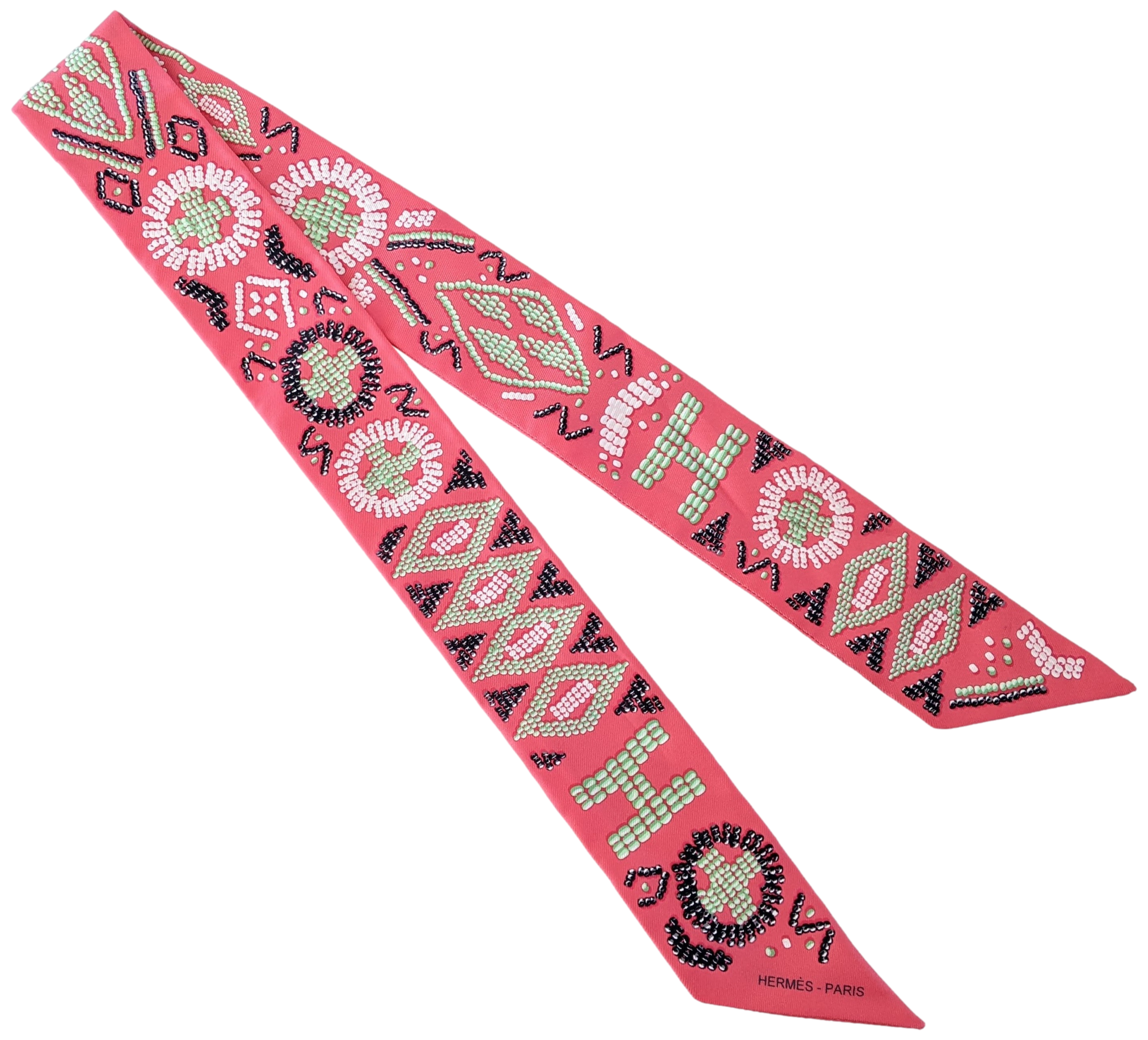 HERMES Rose/Vert/Noir KELLY EN PERLES Twilly