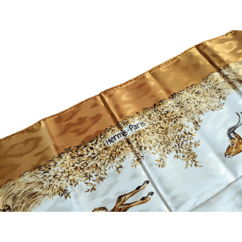 HERMES 1990's Gold Kenya by Robert Dallet Jacquard Twill Silk Scarf 90 x 90 cm