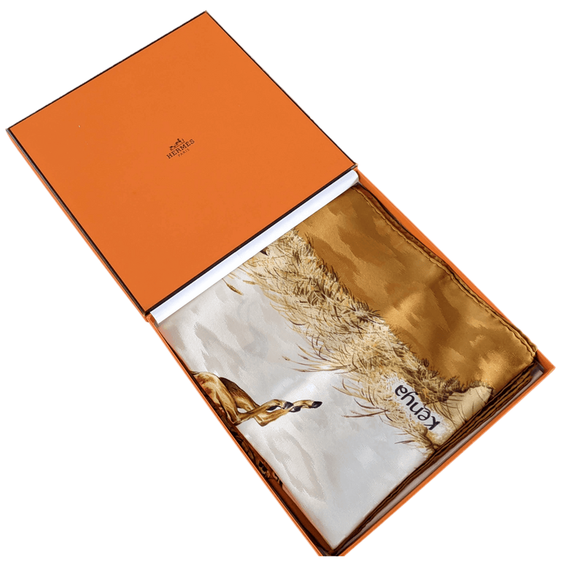 HERMES 1990's Gold Kenya by Robert Dallet Jacquard Twill Silk Scarf 90 x 90 cm
