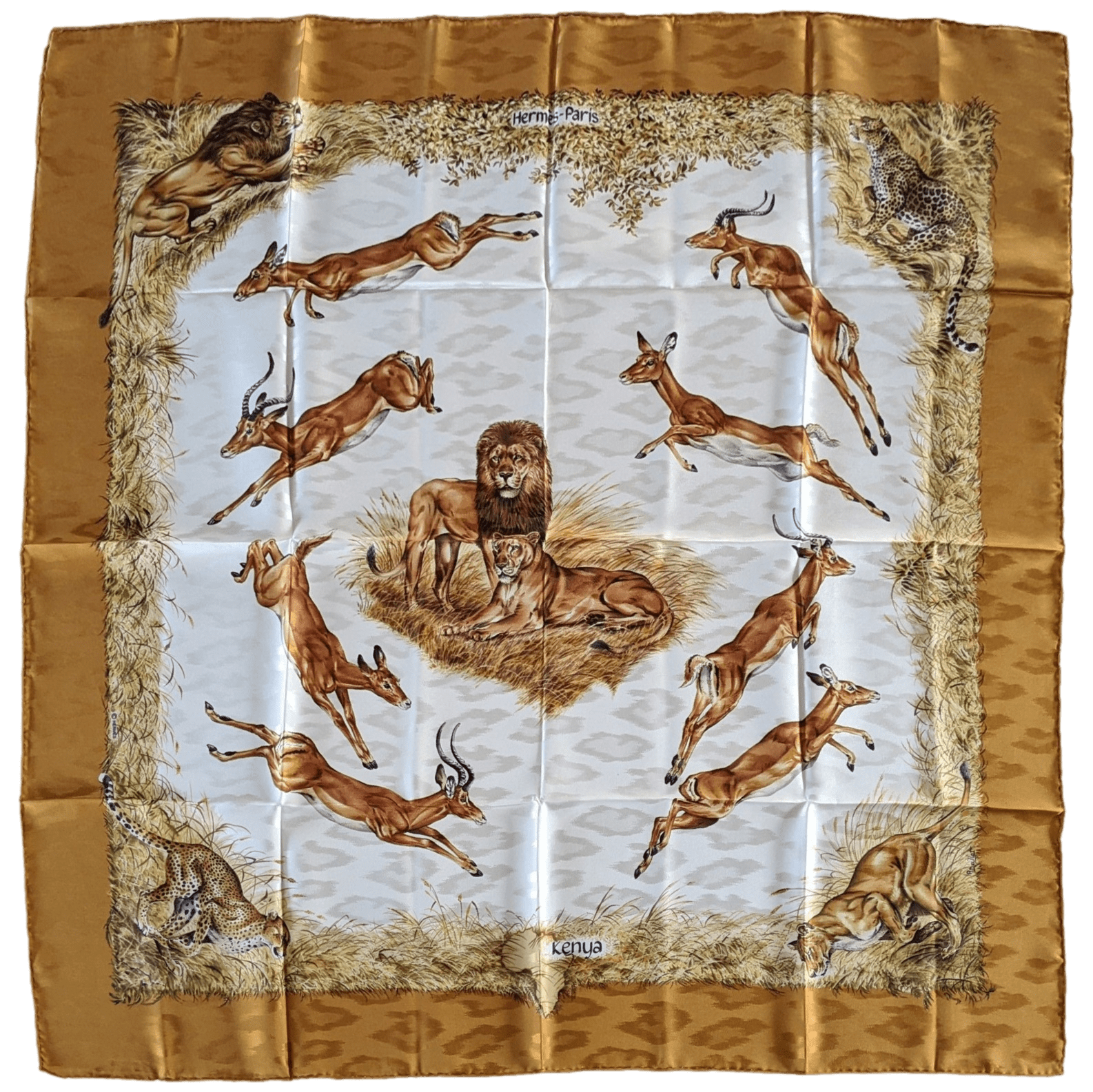HERMES 1990's Gold Kenya by Robert Dallet Jacquard Twill Silk Scarf 90 x 90 cm