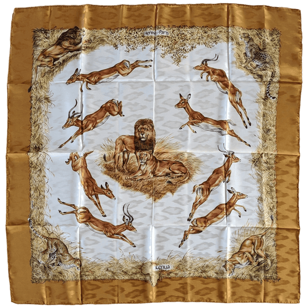 HERMES 1990's Gold Kenya by Robert Dallet Jacquard Twill Silk Scarf 90 x 90 cm