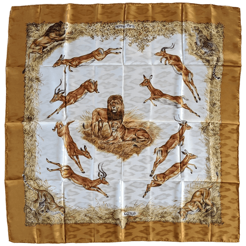 HERMES 1990's Gold Kenya by Robert Dallet Jacquard Twill Silk Scarf 90 x 90 cm