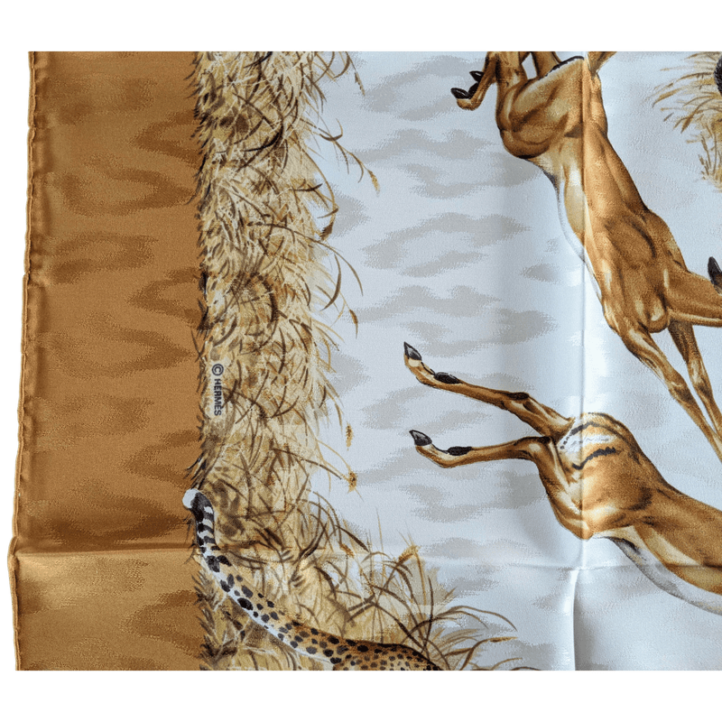 HERMES 1990's Gold Kenya by Robert Dallet Jacquard Twill Silk Scarf 90 x 90 cm
