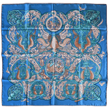 HERMES 2010 Blue La Charmante aux Animaux by Annie Faivre Twill Silk Scarf 90 x 90 cm
