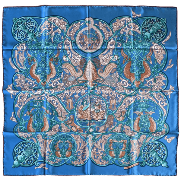 HERMES 2010 Blue La Charmante aux Animaux by Annie Faivre Twill Silk Scarf 90 x 90 cm